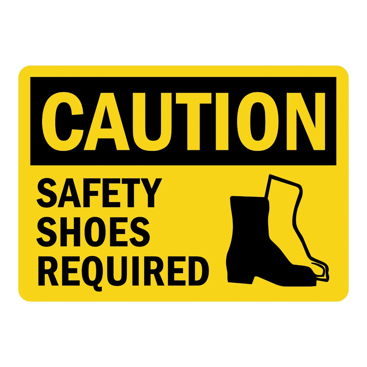 OSHA Caution: Safety Shoes Required (With Graphic) Sign Sticker – yellow and black caution sign with a safety boot graphic requiring safety shoes