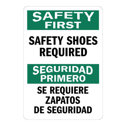 Bilingual Safety First: Safety Shoes Required SE Requiere Zapatos De Seguridad Sign Sticker – green and white bilingual sign in English and Spanish requiring safety shoes