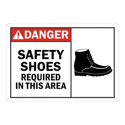 ANSI Danger: Safety Shoes Required in This Area (With Graphic) Sign Sticker – white sign with a red danger header and safety boot graphic requiring safety shoes in this area