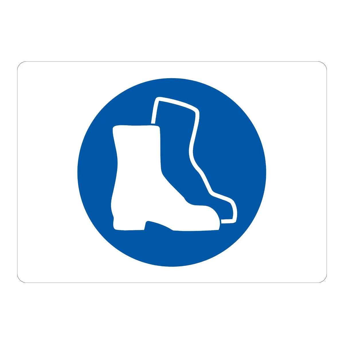 Safety Shoes Symbol Sign Sticker – white sign with a blue circular icon of a safety boot indicating mandatory safety shoes