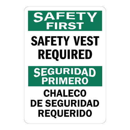 Bilingual OSHA Safety First: Safety Vest Required Sign Sticker – green and white bilingual sign in English and Spanish requiring a safety vest