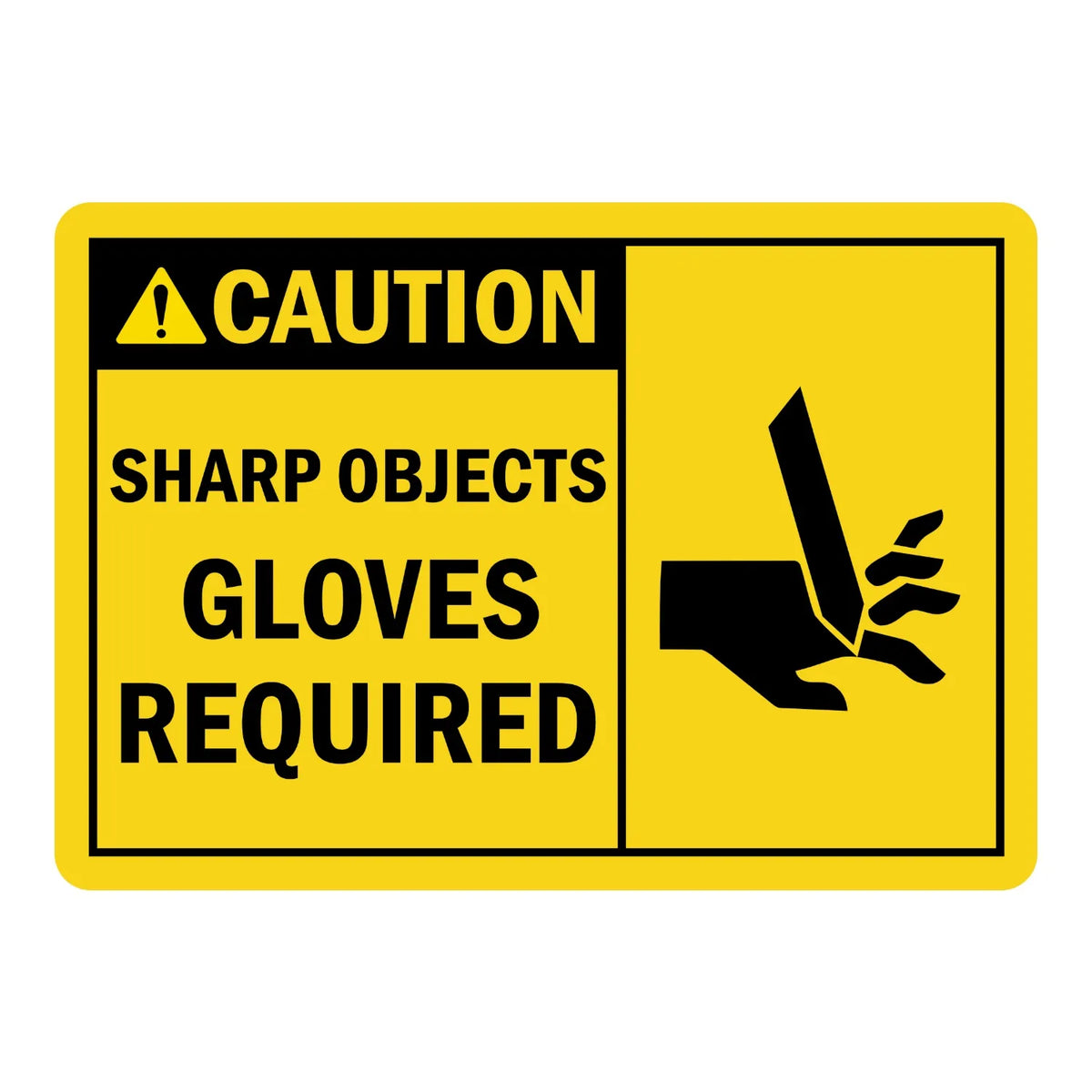 Caution: Sharp Objects Gloves Required sign sticker with a warning icon, cut-hazard graphic, and bold black text on yellow, ideal for ANSI/OSHA compliance.