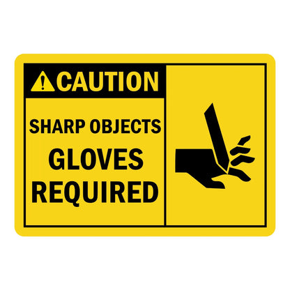 Caution: Sharp Objects Gloves Required sign sticker with a warning icon, cut-hazard graphic, and bold black text on yellow, ideal for ANSI/OSHA compliance.