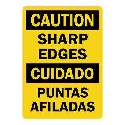 Sharp Edges, Cuidado Puntas Afiladas sign with yellow Caution header and matching English and Spanish warning text