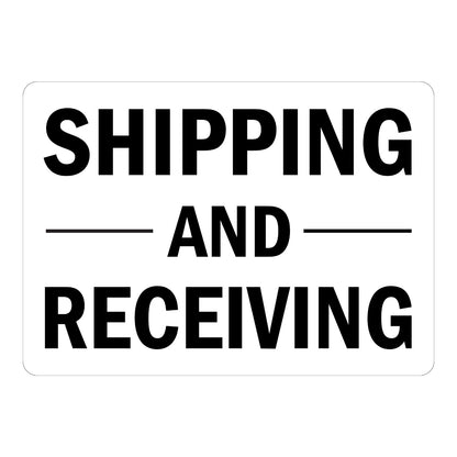 Shipping and Receiving sign stickers: plain white background with bold black SHIPPING and RECEIVING text separated by an AND divider line, rounded corners.