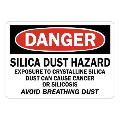 OSHA Danger: Silica Dust Hazard Sign Sticker with black header, red oval DANGER banner, bold black text on white, for silica dust cancer hazard warning
