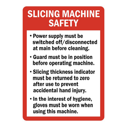 Slicing Machine Safety Guidelines Sign Stickers with a red border, white SLICING MACHINE SAFETY header and a black bulleted list of slicer safety rules on white