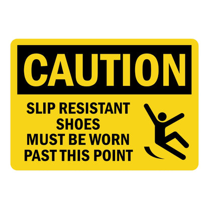 OSHA Caution: Slip Resistant Shoes Must Be Worn Past This Point Sign Sticker – yellow and black caution sign with a falling-person graphic requiring slip resistant shoes past this point