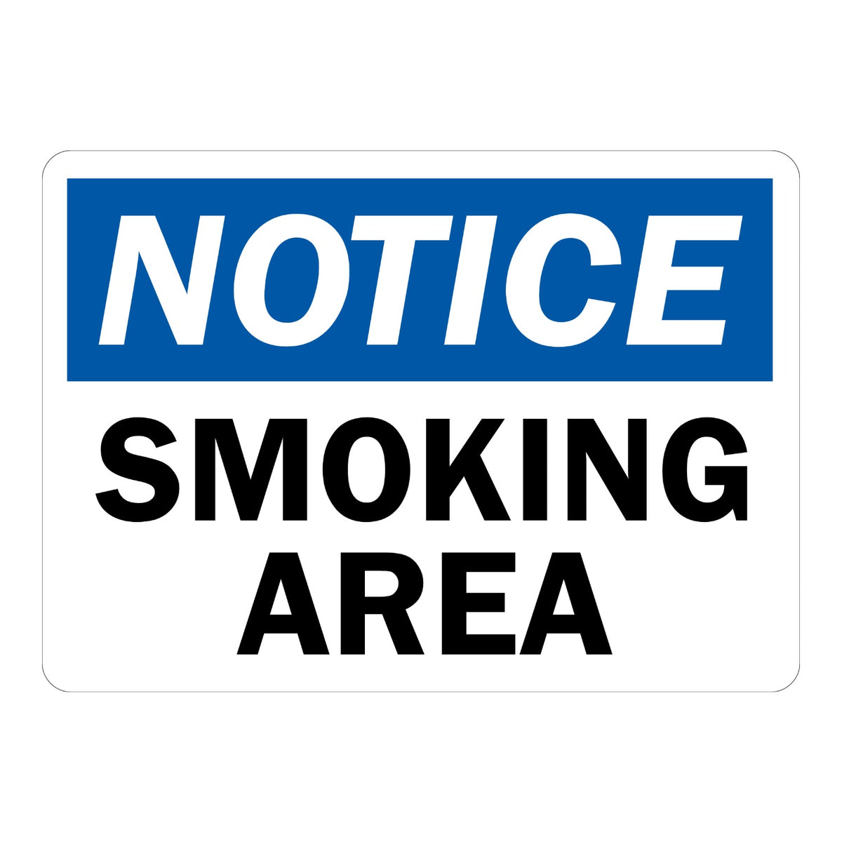 OSHA Notice Smoking Area sign sticker with blue header and bold black text on a white background, a decal marking designated zones where smoking is permitted