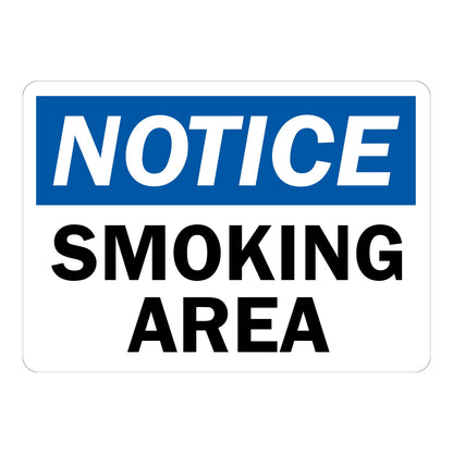 OSHA Notice Smoking Area sign sticker with blue header and bold black text on a white background, a decal marking designated zones where smoking is permitted