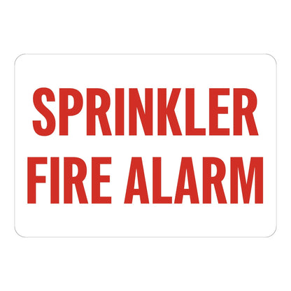 Sprinkler Fire Alarm Sign Stickers with bold red text on white background for sprinkler-activated alarm system identification.