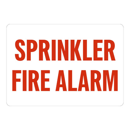 Warning: Sprinkler Fire Alarm sign sticker with bold red text on white, ideal for fire safety identification on commercial and industrial buildings.