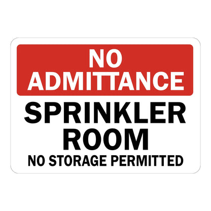 No Admittance: Sprinkler Room, No Storage Permitted Sign Stickers with red header banner and bold black text on white background for restricted room access.