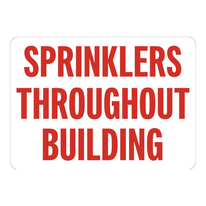 Sprinklers Throughout Building Sign Stickers with bold red text on white background for indicating full sprinkler system coverage.