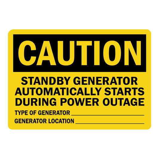 OSHA Caution Standby Generator Automatically Starts During Power Outage Sign Stickers (Customizable Fields)