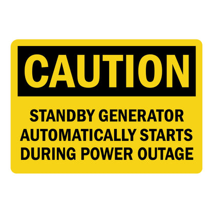 OSHA Caution Standby Generator Automatically Starts During Power Outage Sign Sticker with yellow caution header and bold generator automatic start warning text.