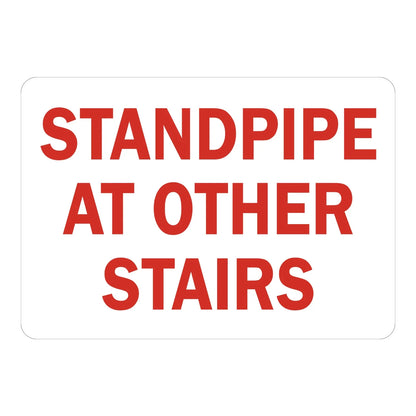 Standpipe at Other Stairs Sign Sticker – white sign with bold red text indicating the standpipe is at other stairs