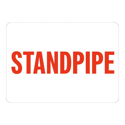 Standpipe Sign Sticker – white sign with bold red text labeling the standpipe