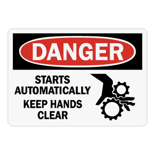 OSHA Danger Starts Automatically Keep Hands Clear Sign Stickers with Gear Pinch Point Graphic