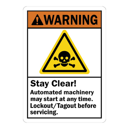 ANSI Warning Stay Clear Automated Machinery May Start At Any Time Lockout Tagout Before Servicing sticker, orange Warning header with alert icon, yellow skull and crossbones hazard symbol, bold black text, LOTO safety compliance sign