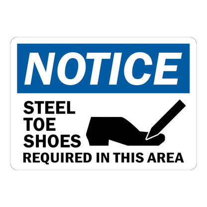 OSHA Notice: Steel-Toe Shoes Required in This Area (With Graphic) Sign Sticker – blue and white notice sign with a steel-toe boot graphic requiring steel toe shoes in this area