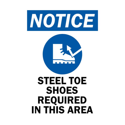 OSHA Notice: Steel Toe Shoes Required in This Area (With Graphic) Sign Sticker – blue and white notice sign with a steel-toe boot icon requiring steel toe shoes in this area