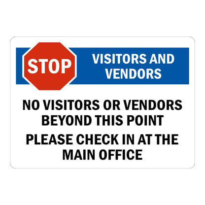 Stop - Visitors and Vendors. No Visitors or Vendors Beyond This Point Please Check in at Main Office Sign Sticker with red STOP octagon and blue header on white