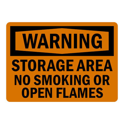 OSHA Warning Storage Area No Smoking or Open Flames sign sticker with black header on an orange background and bold black text, a decal warning of fire hazards
