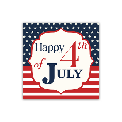4th of july sticker featuring happy 4th of july text in navy and red on american flag stars and stripes background for independence day celebration