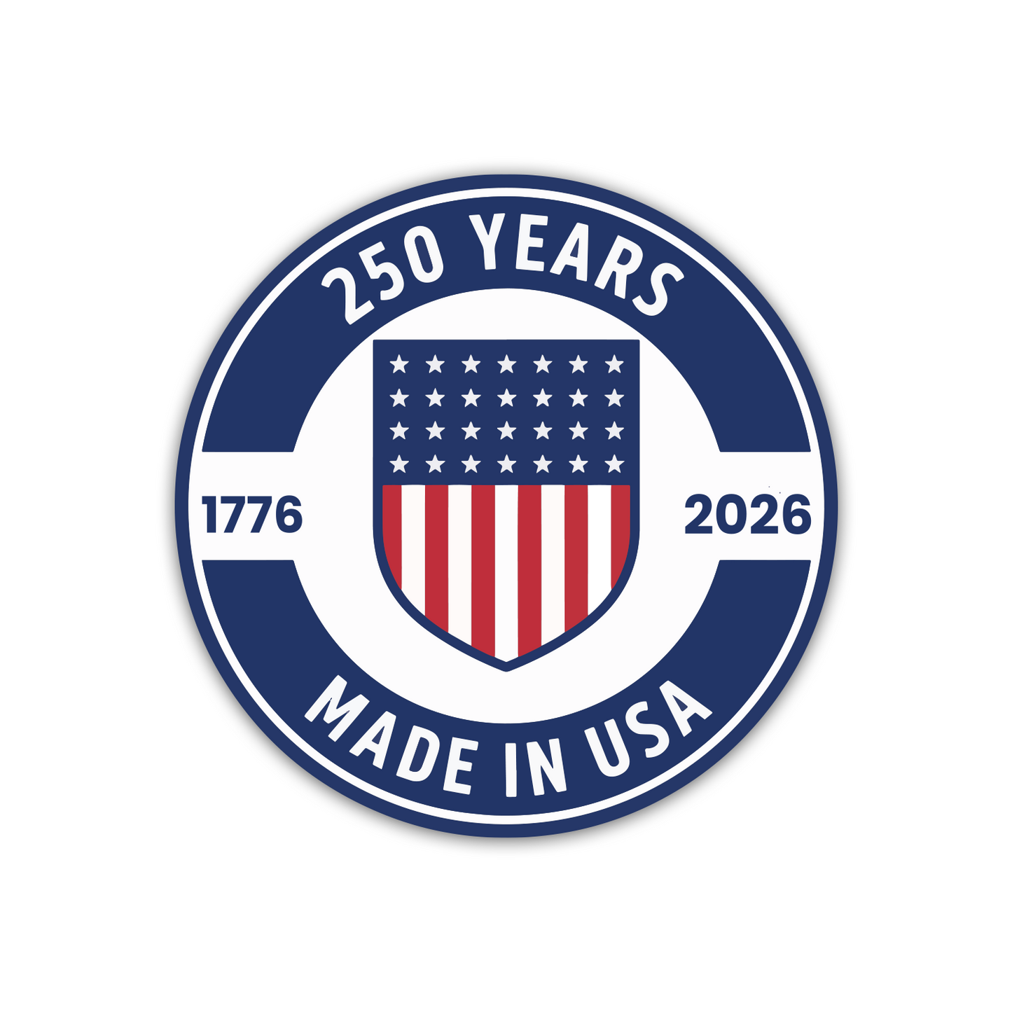 usa 250th anniversary sticker featuring round patriotic badge design with american flag shield and text reading 250 years made in usa 1776 2026 in navy blue and red