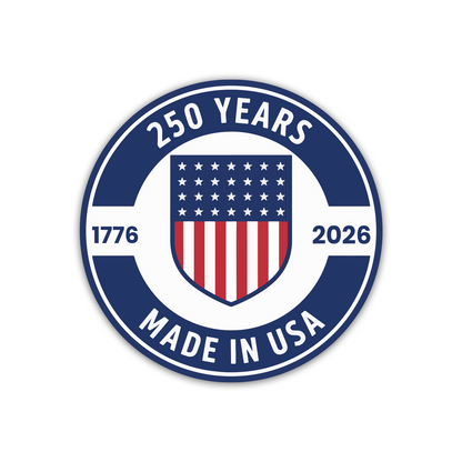 usa 250th anniversary sticker featuring round patriotic badge design with american flag shield and text reading 250 years made in usa 1776 2026 in navy blue and red