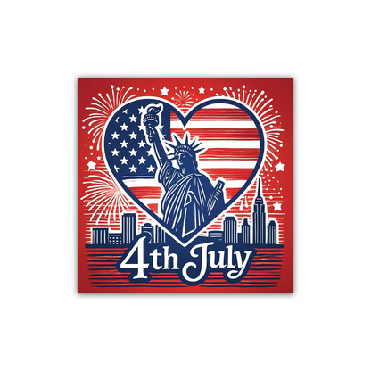4th of july sticker featuring statue of liberty inside american flag heart with city skyline fireworks and bold 4th july text on red background for independence day celebration