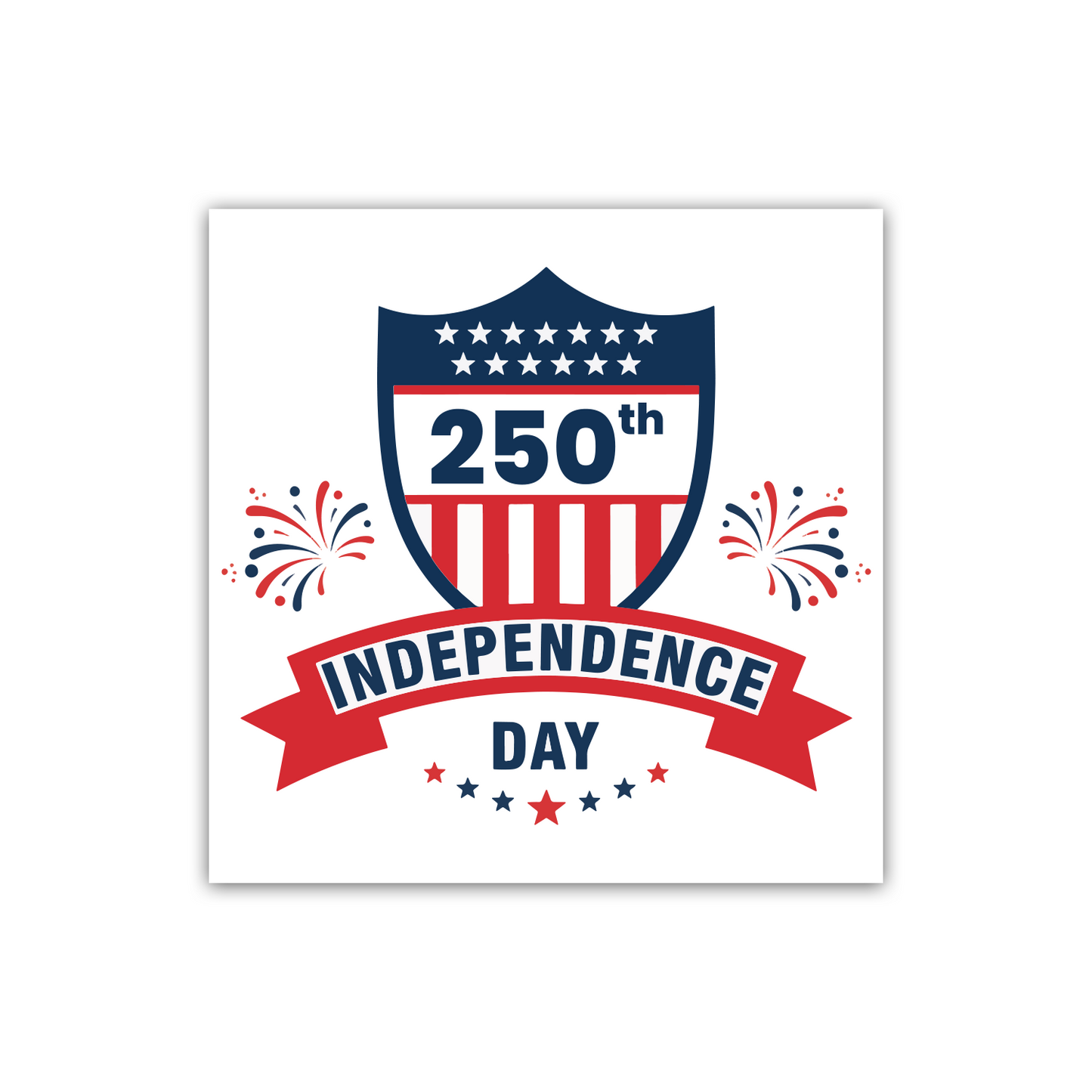 usa 250th anniversary sticker featuring patriotic shield badge with stars and stripes fireworks and red ribbon banner reading 250th independence day in navy blue and red for patriotic celebration