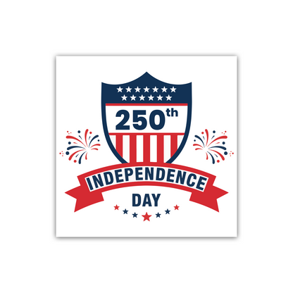 usa 250th anniversary sticker featuring patriotic shield badge with stars and stripes fireworks and red ribbon banner reading 250th independence day in navy blue and red for patriotic celebration