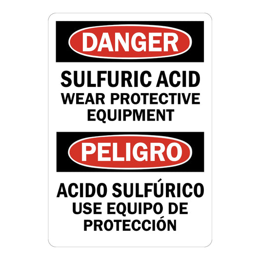 Bilingual OSHA Danger: Sulfuric Acid, Wear Protective Equipment, Acifo Sulfurico Use Equipo De Proteccion