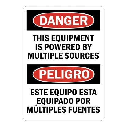 Bilingual OSHA Danger: Powered by Multiple Sources Sign Sticker with red DANGER oval header and black English/Spanish text, warning workers to verify all power sources.
