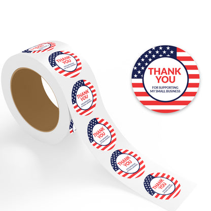 Roll of round Thank You Sticker – American Flag Design stickers with 'Thank You' text and American flag design on a white background