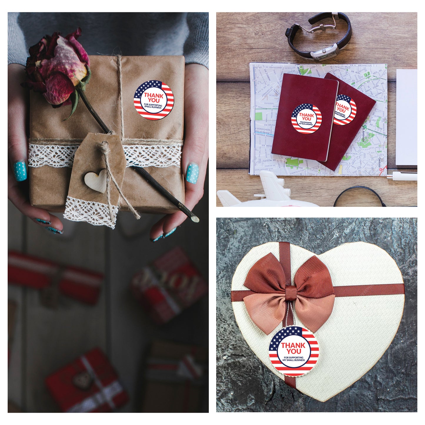 Collage of gift-wrapped items with Thank You Sticker – American Flag Design stickers on a wooden surface.