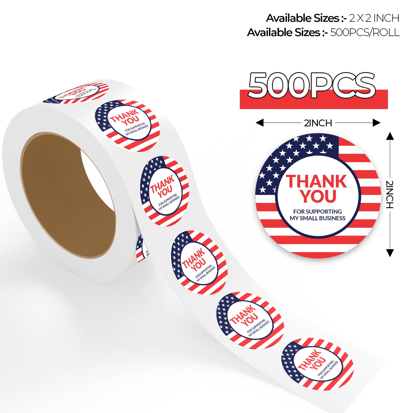 Roll of round Thank You Sticker – American Flag Design stickers with American flag design and 'Thank You' text, labeled with size and quantity information.