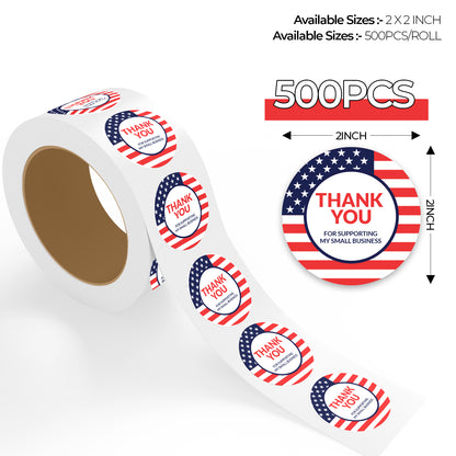 Roll of round Thank You Sticker – American Flag Design stickers with American flag design and 'Thank You' text, labeled with size and quantity information.