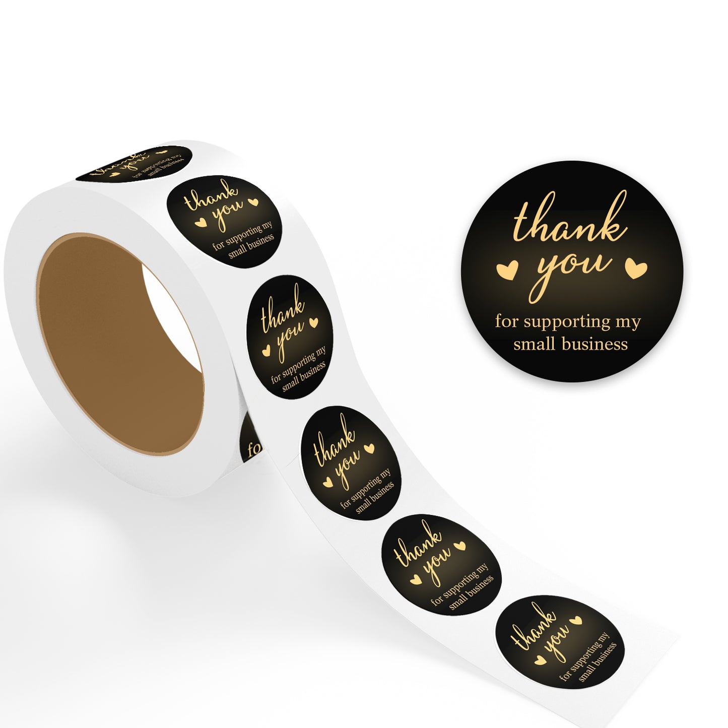 Roll of black stickers with 'thank you for supporting my small business' text on a white background