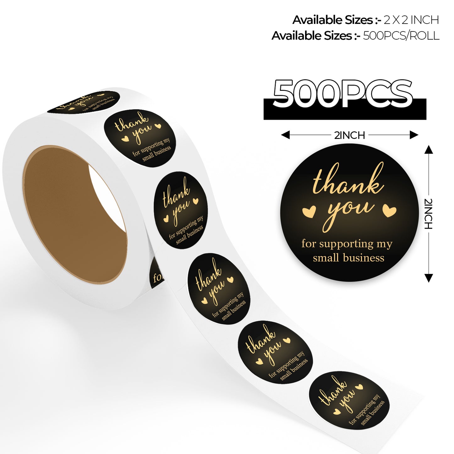 Roll of black and gold 'thank you' stickers with text and heart designs, on a white background.