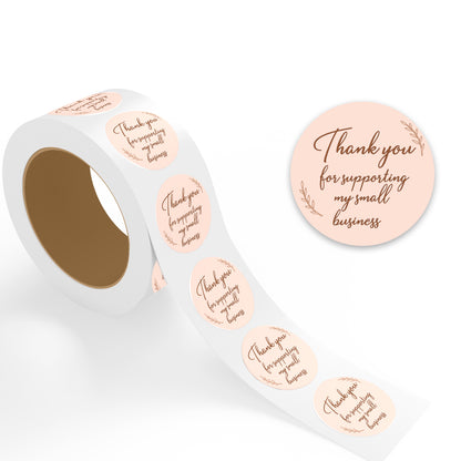 Roll of round Thank You Sticker – Blush Script Design stickers with 'Thank you for supporting my small business' text on a white background
