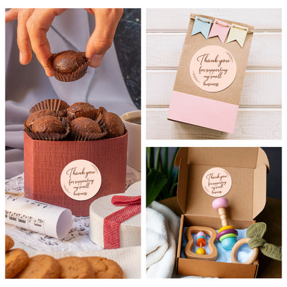 Collage of Thank You Sticker – Blush Script Design on gift items with 'Thank you for supporting my small business' stickers.