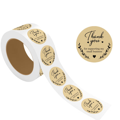 Roll of round Thank You Sticker – Botanical Beige Design stickers with 'Thank you' message on a white background