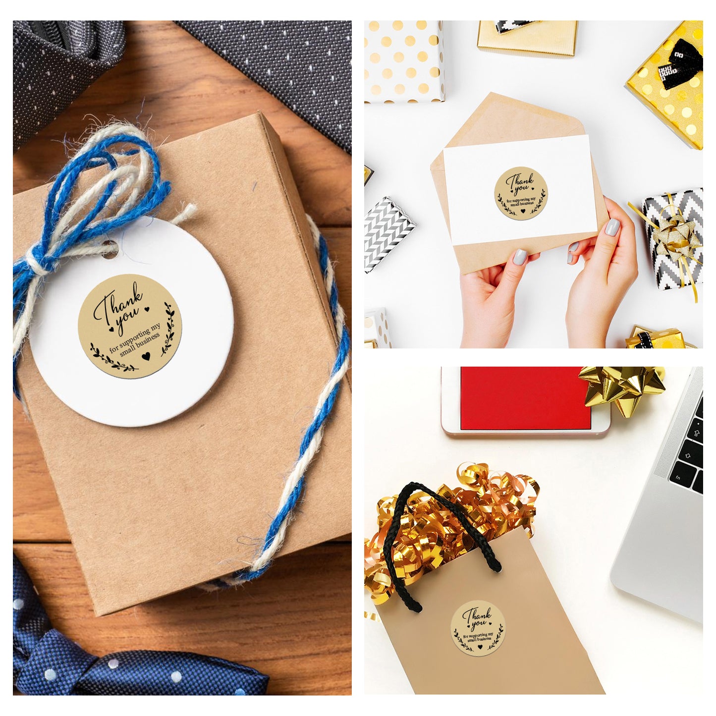 Collage of gift-wrapping scenes with Thank You Sticker – Botanical Beige Design stickers on packages.