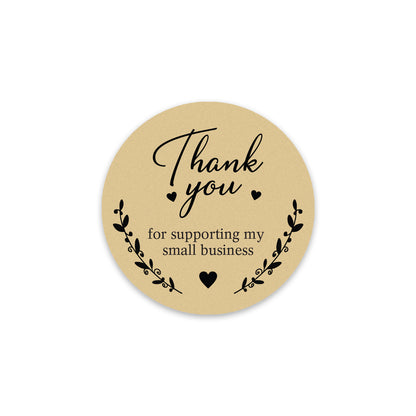 Round beige sticker with 'Thank you for supporting my small business' text on a white background