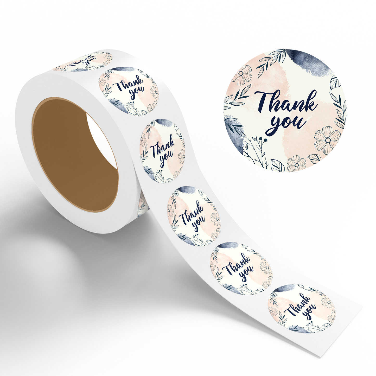 Roll of 'Thank you' stickers with floral designs on a white background