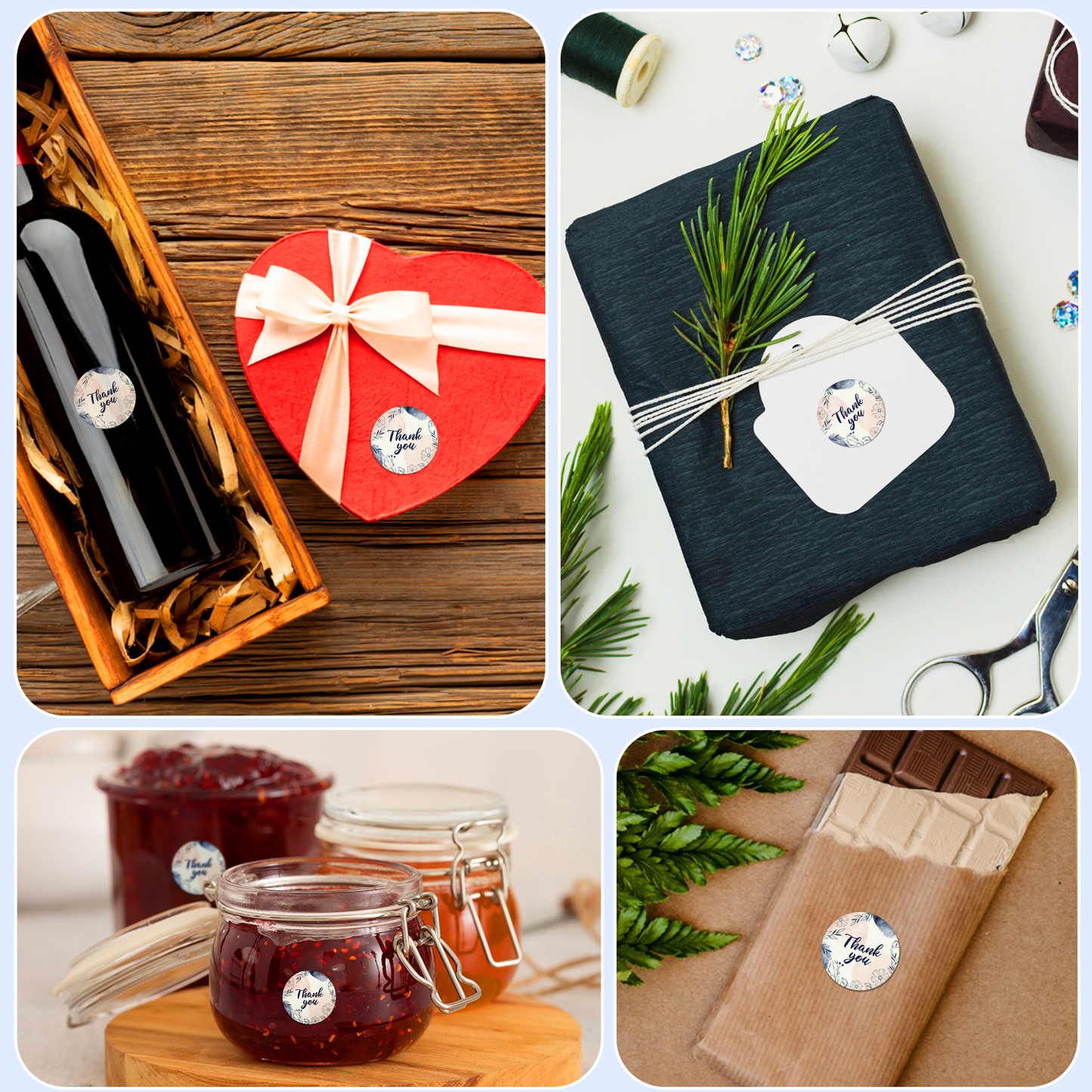 Collage of gift items having thankyou stickers including wine, a heart-shaped box, a black bag with a tag, and jars of jam.