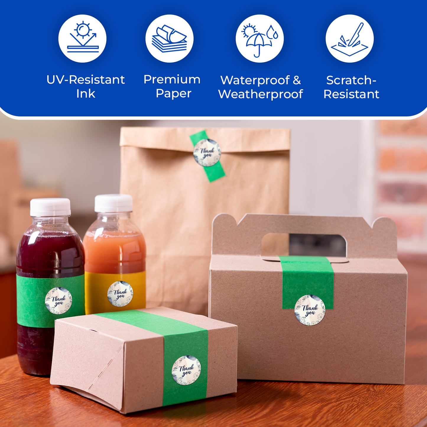 Green product labels on bottles, a box, and a bag with features listed above for thank you stickers.